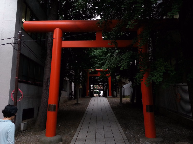 A bright red torii gate stands over a paved walkway lined with lush green trees in an outdoor setting.