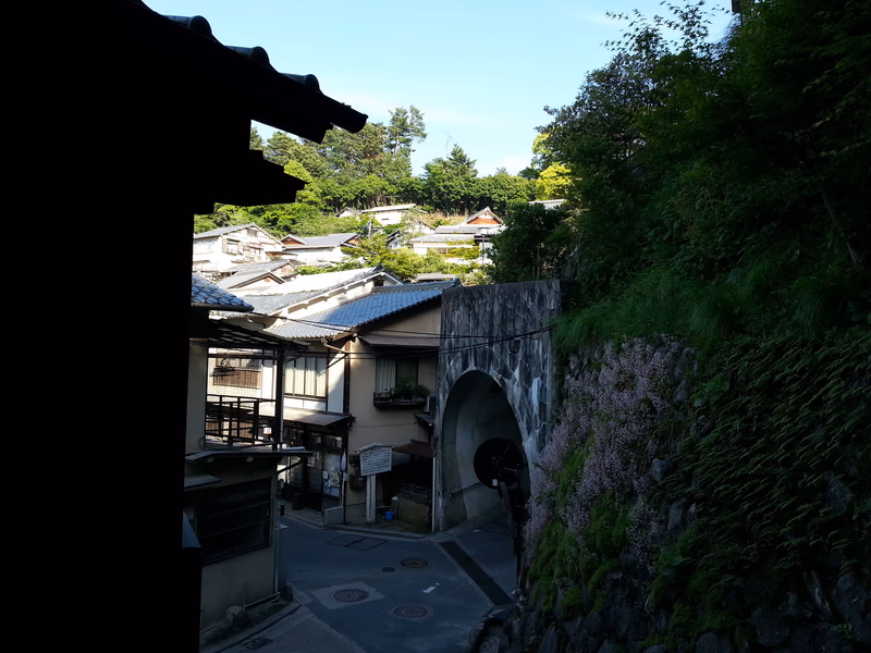 A photo of a traditional Japanese village with a stone bridge and lush greenery.