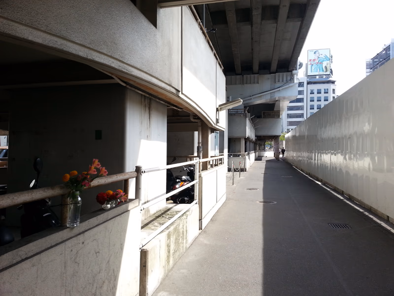 A photo of a narrow walkway under an overpass in an urban area with a person walking away and a bouquet of flowers on a ledge.