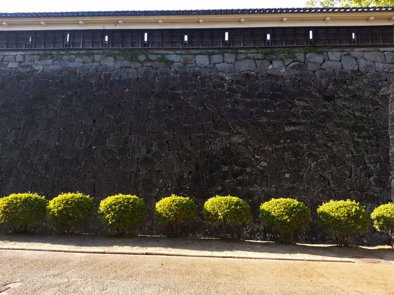 A photograph of a stone wall with neatly trimmed bushes in front of it.