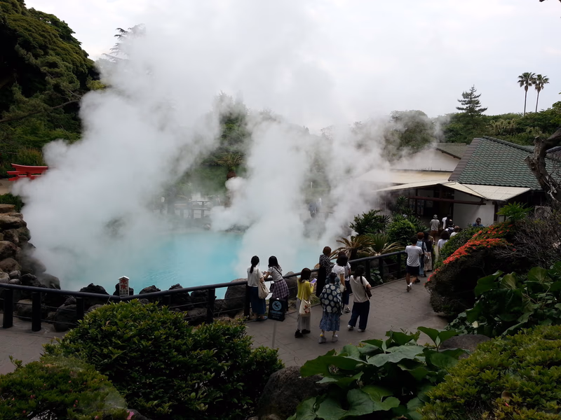 A photo of a geyser erupting in a geothermal area with people observing the scene.
