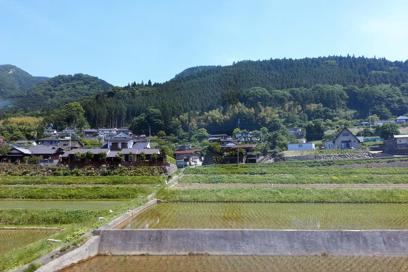 A serene rural landscape with a small village nestled among lush green fields and a backdrop of dense forests and mountains.