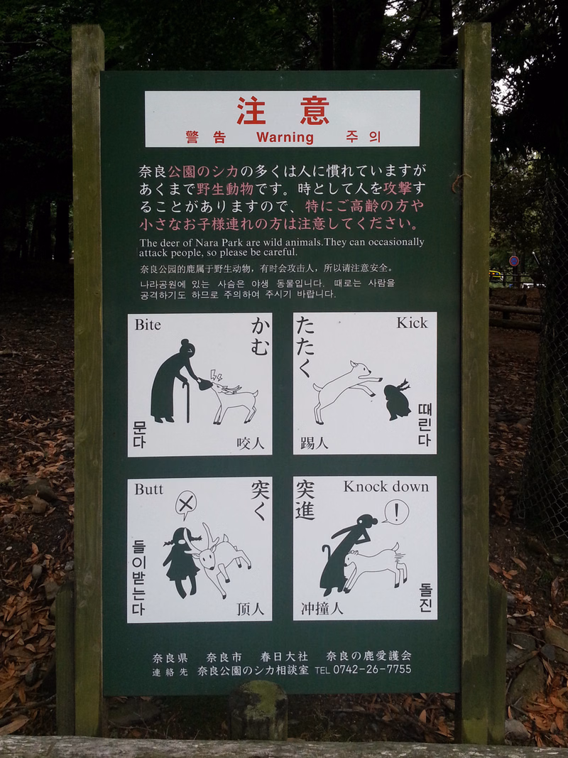 A Japanese warning sign in Nara Park reads "注意 Warning" and advises visitors about wild animals, including pictures illustrating bites and kicks.