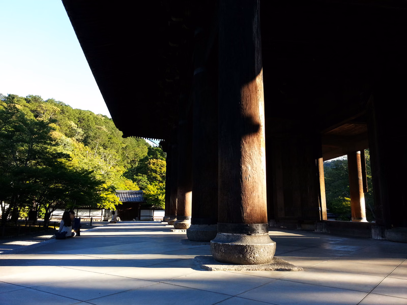 A large wooden structure with dark pillars stands outdoors, contrasting with the bright green trees in the background.