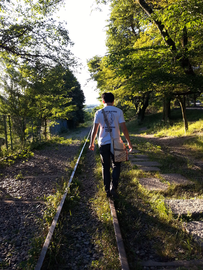 A man walks down a railroad track surrounded by lush green trees and grass.