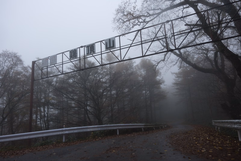 A large metal sign with Japanese characters, reading "頂頂山", is visible above a winding road shrouded in fog and surrounded by trees.