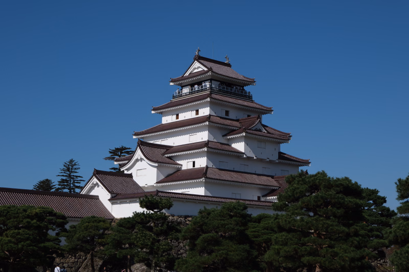 A traditional white Japanese castle with tiered roofs stands against a clear blue sky, surrounded by green trees.