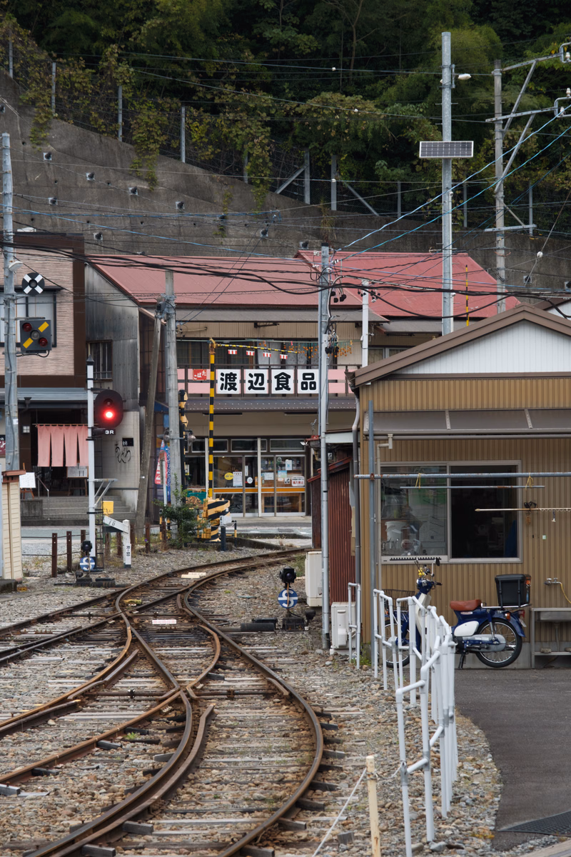A view of train tracks leading toward a building with a sign that reads "渡辺食品" in Japanese characters.