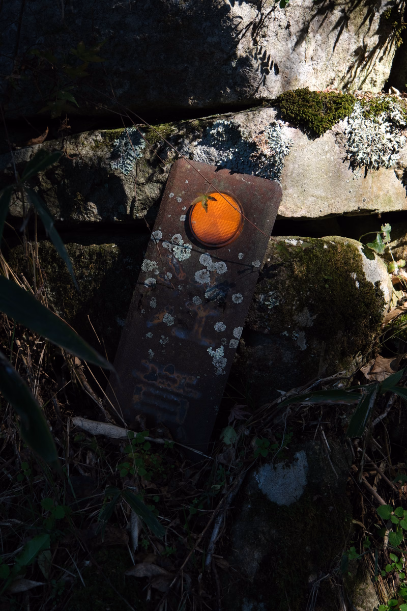 A weathered stone memorial plaque with an orange circular object is set among mossy rocks in a shaded outdoor area.
