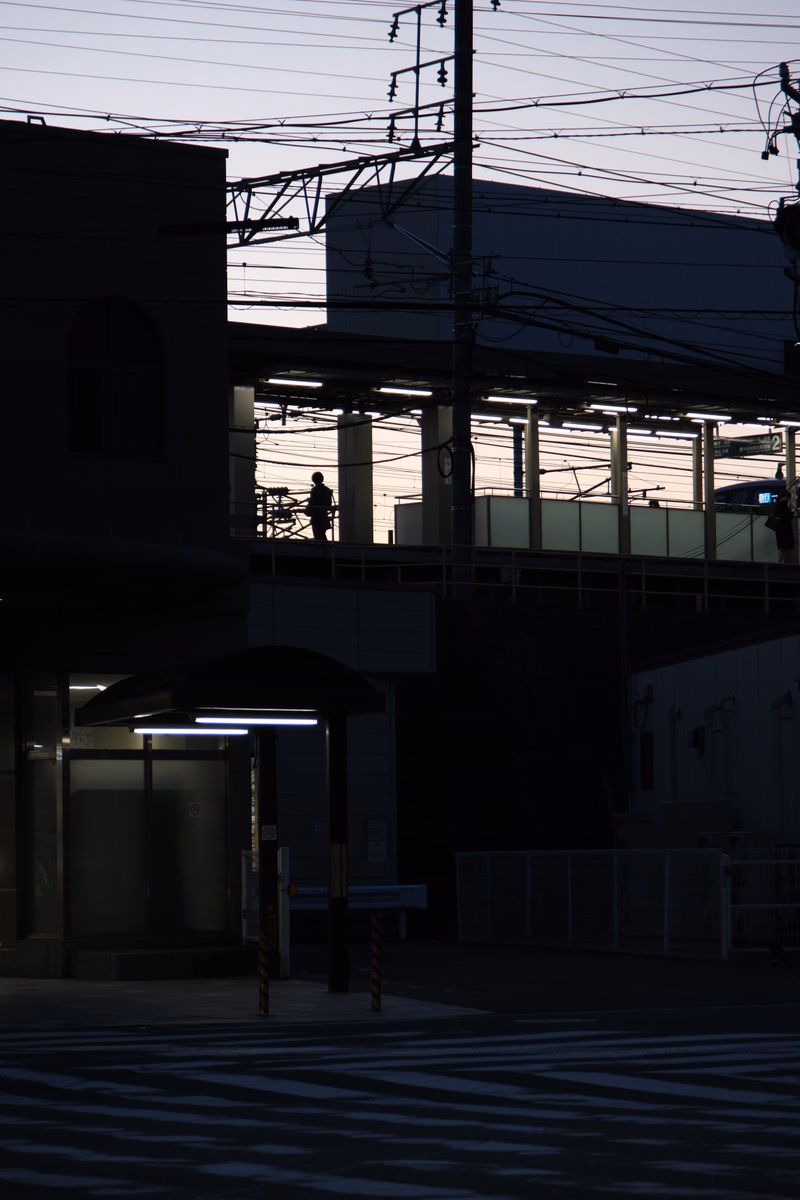 A nighttime or twilight scene featuring a street with a crosswalk, utility poles, and silhouetted buildings against a pale sky.