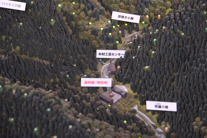 An aerial view shows a forest with several buildings, including a "木材加工センター" (Wood Processing Center) and a "森林館 (現在地)" (Forest Museum, current location).