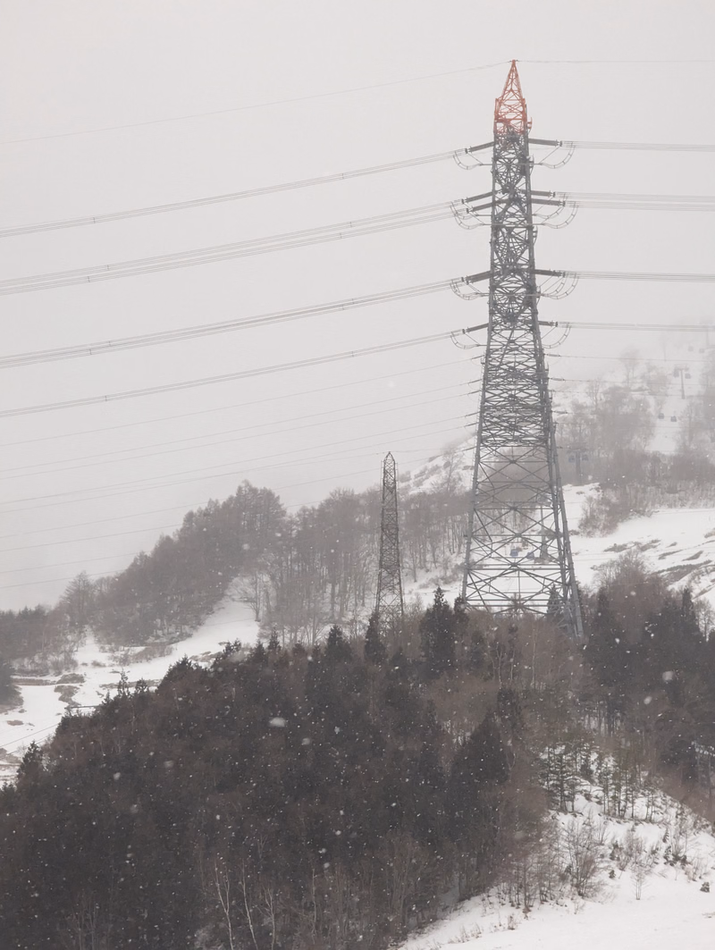 A large metal transmission tower stands amidst a snowy, wintry forest under a gray sky.