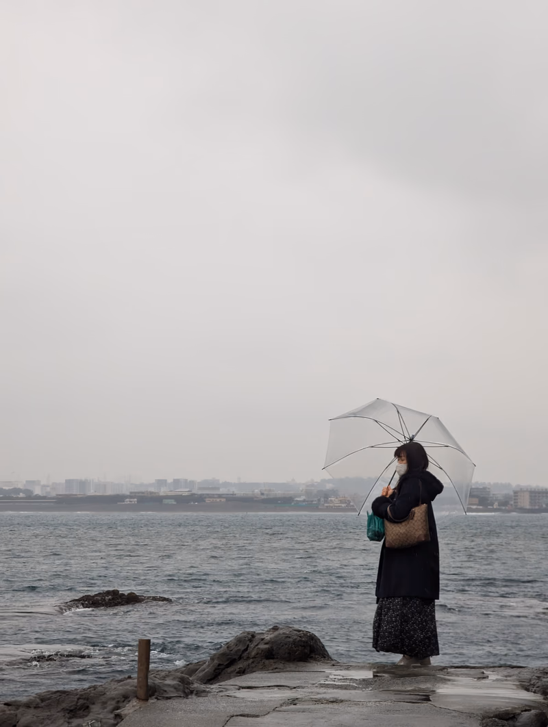 A woman standing by the sea, holding an umbrella, with a city in the background.
