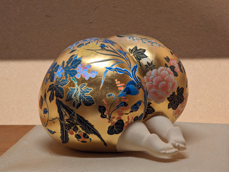 A round, gold-colored decorative ball covered in intricate blue, pink, and black floral patterns, resting on a light cloth.