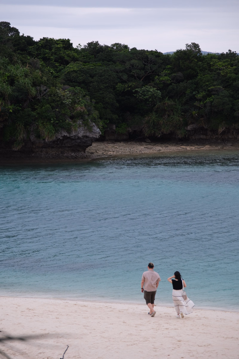 Two people walk along a sandy beach next to clear turquoise ocean water with dense green foliage lining the shore.