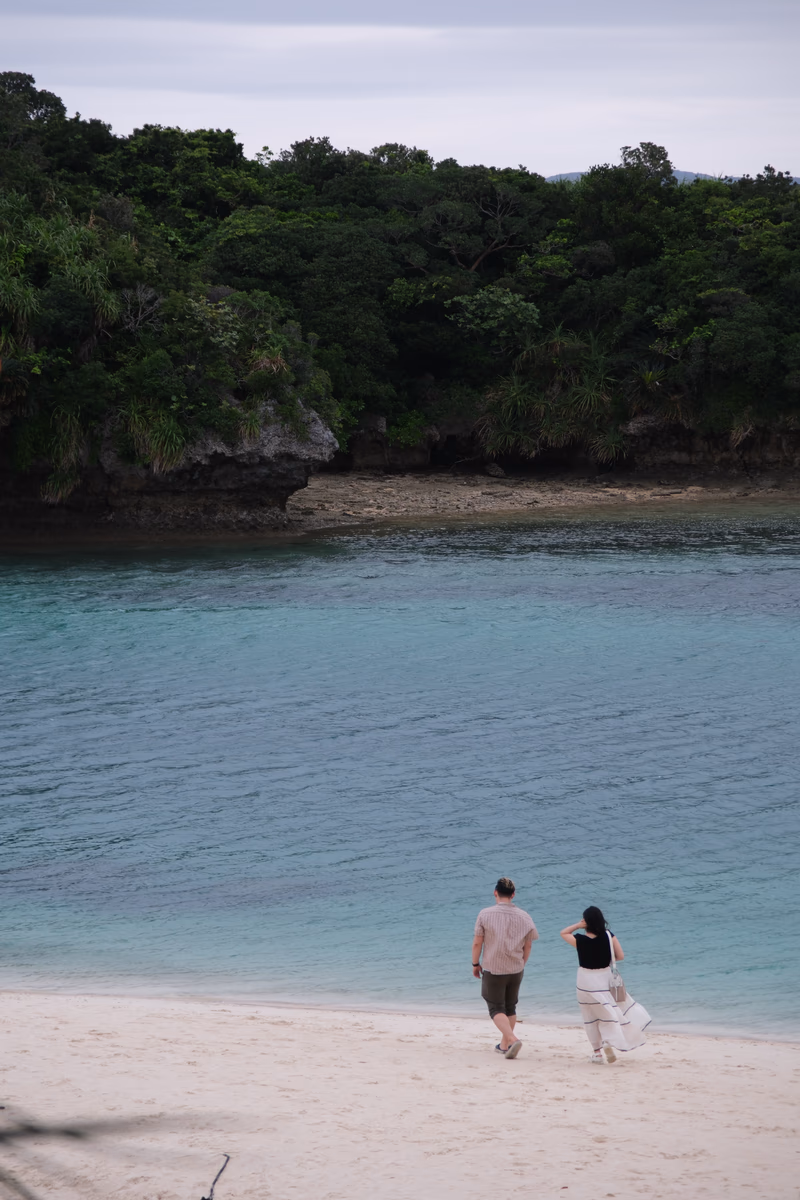 A couple walking on a beautiful beach with clear water and lush greenery in the background.