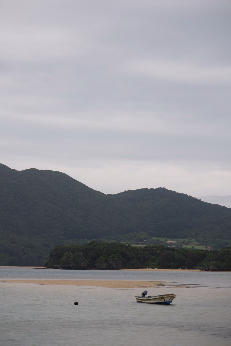 A small boat floats on calm water near a sandy beach backed by lush green mountains under an overcast sky.