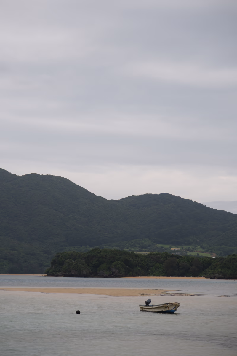 A serene beach scene with a person standing on the water near an island.