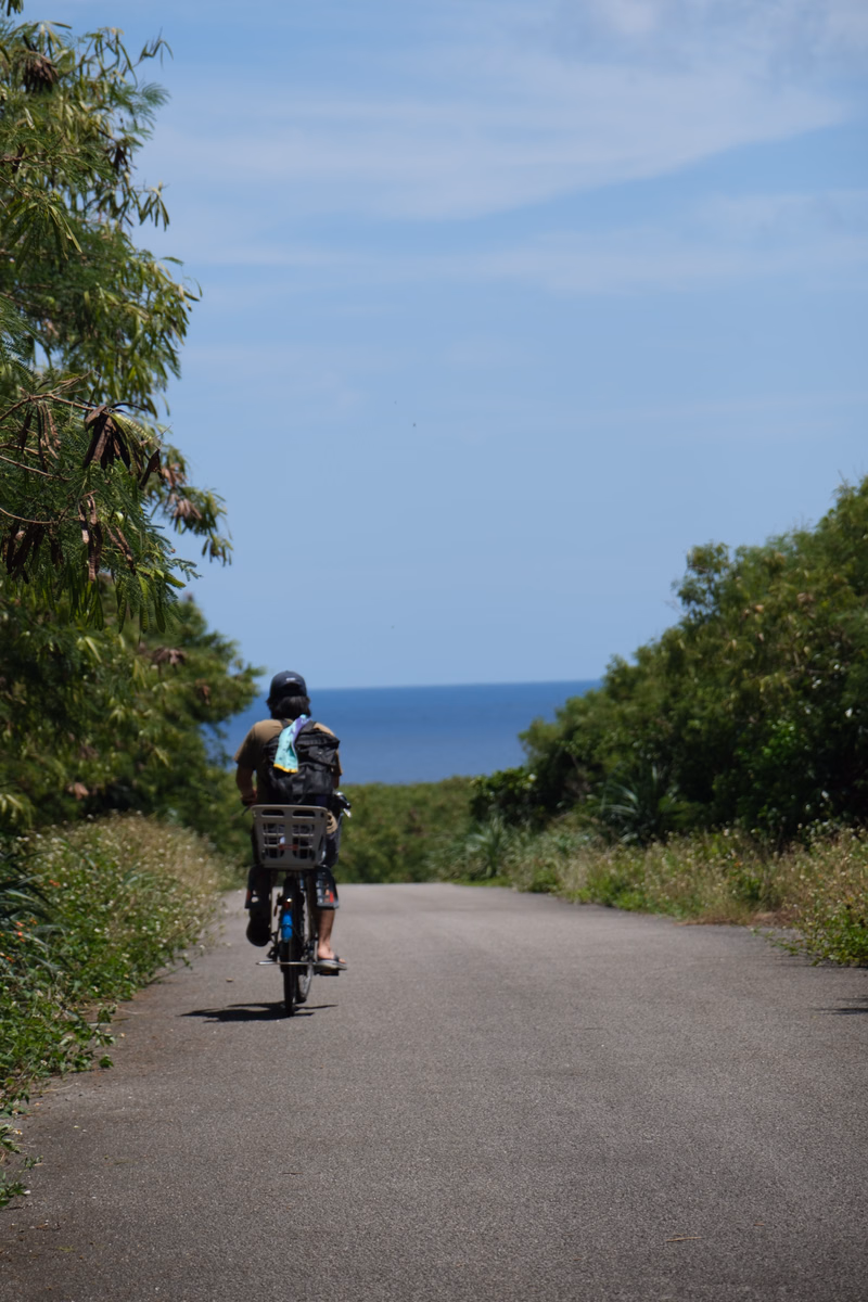 A cyclist rides a bicycle down a paved road overlooking the blue ocean under a clear sky.
