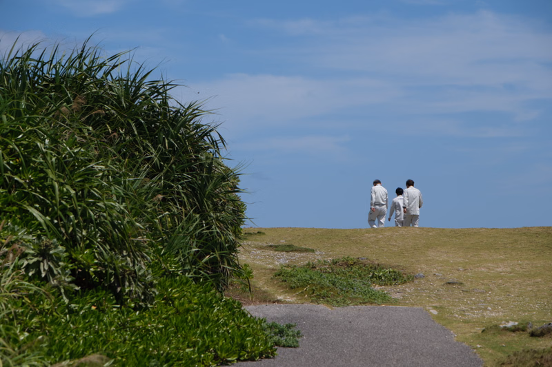 Three people walk across a grassy coastal area under a bright, cloudy sky.