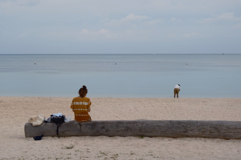 A person in a yellow top stands on the sand near a large log, with the ocean and a distant figure visible under a cloudy sky.