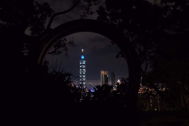 A nighttime view of a city skyline featuring several illuminated skyscrapers framed by dark tree branches.