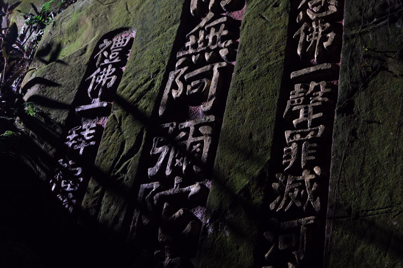 A close-up of a moss-covered stone carving featuring vertical columns of Chinese characters.