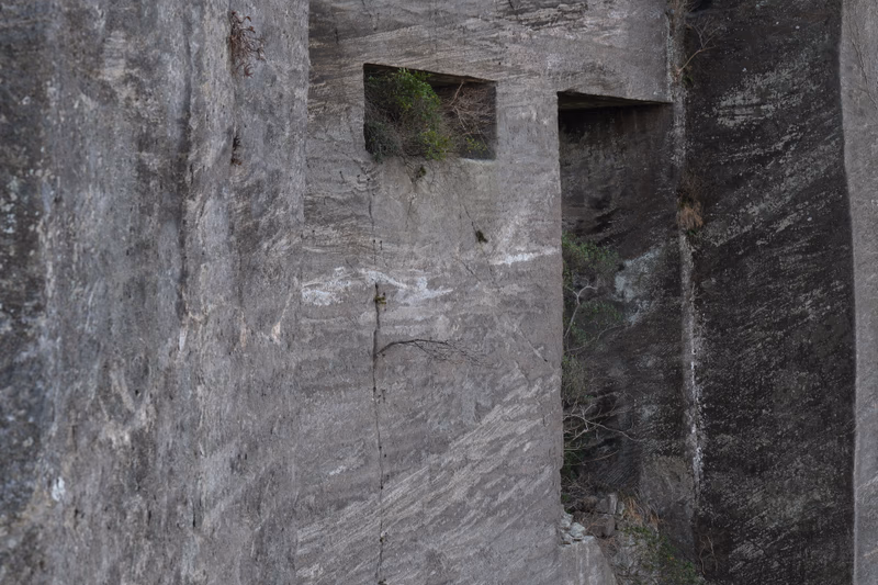 A photograph of a stone wall with a small opening and some green vegetation growing around it.