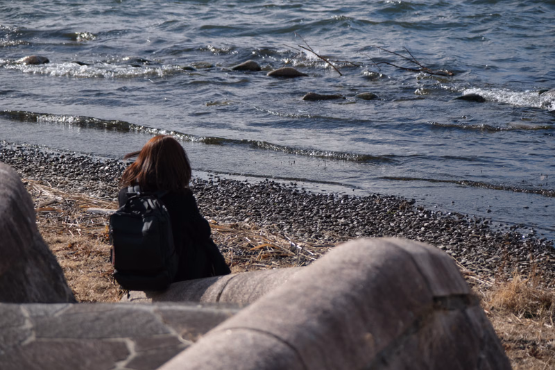 A person with brown hair sits on a rocky beach overlooking the ocean waves.