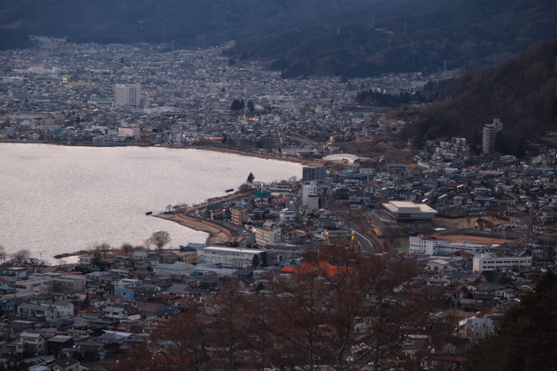 Aerial view of the city of Suwa, Nagano, Japan