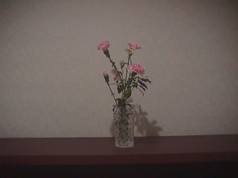 A bouquet of pink flowers is displayed in a clear glass vase on a dark wooden surface.