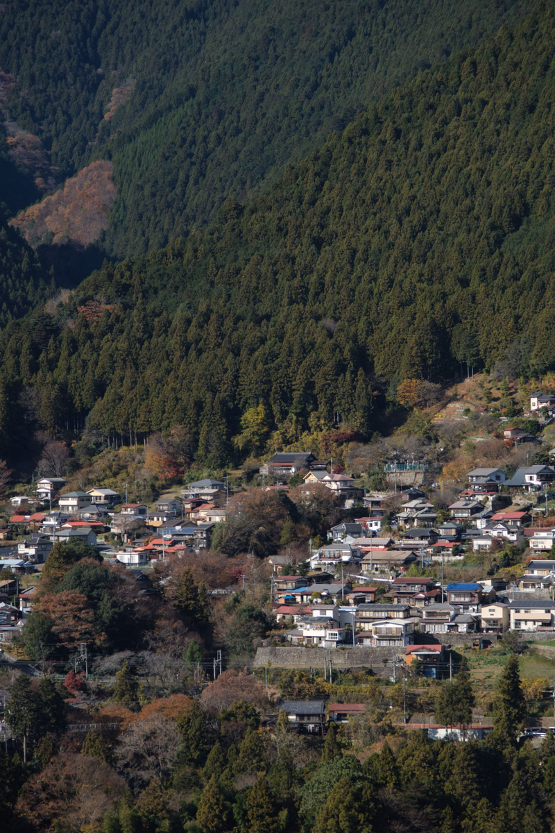 A small town nestled at the base of a steep, densely forested mountain slope.