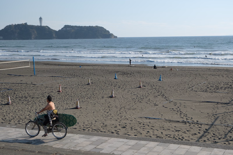 A person rides a bicycle along the sandy beach near the ocean with several small flags in the sand.