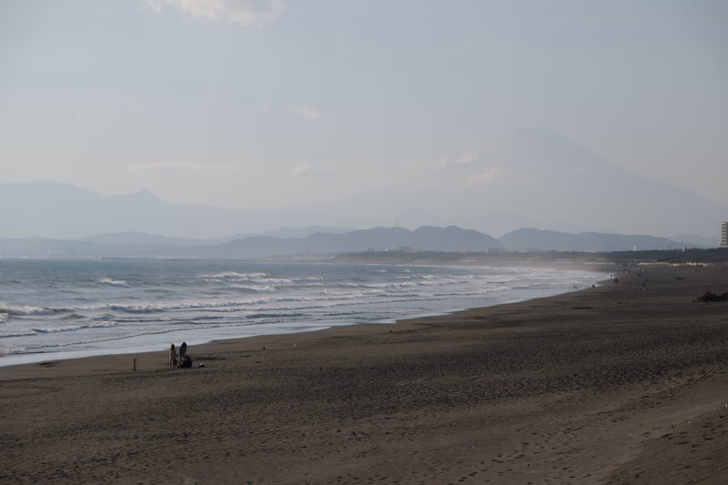 A serene beach scene with a majestic mountain in the background.