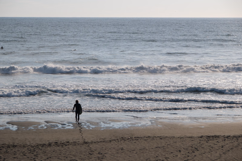 A lone person walks along the wet sand near the edge of the ocean waves on a bright day.