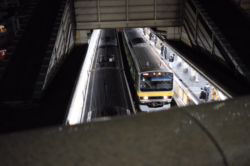 A view of a train station in Tokyo, Japan, with two trains and a crowd of people.
