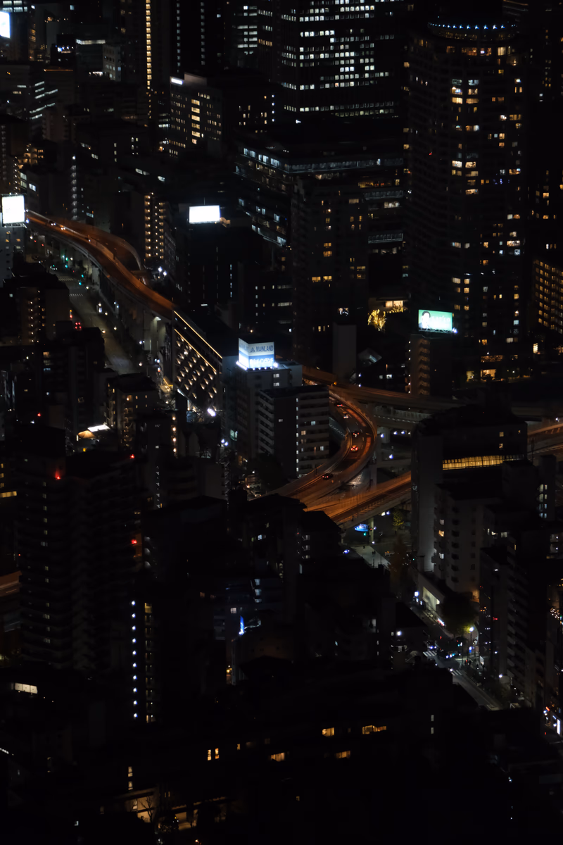 A night view of Tokyo's bustling cityscape with a focus on the illuminated buildings and streets.