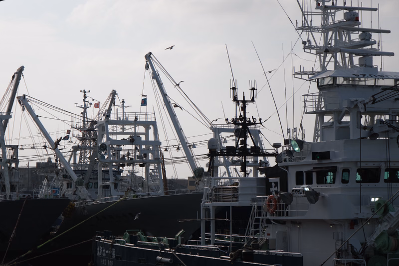A large container ship is docked in a busy port area with several cranes visible against a bright sky.