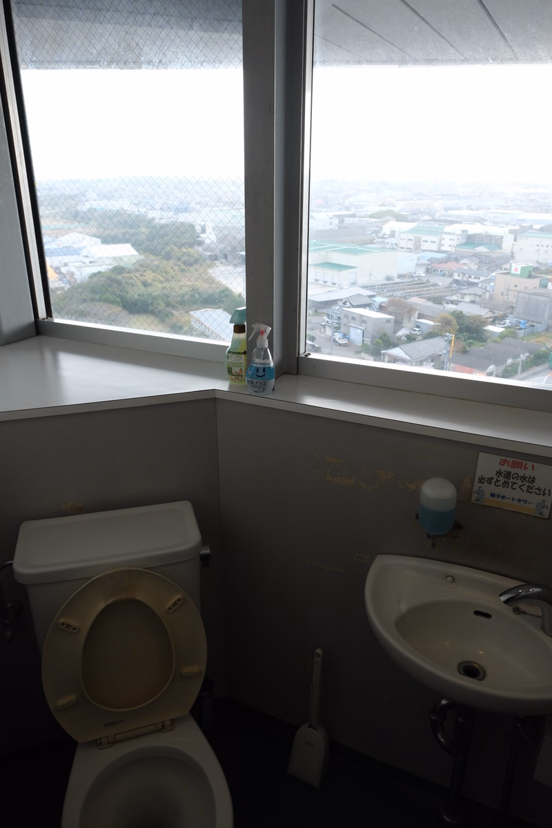A bathroom with a toilet and sink overlooks a wide cityscape view through a large window.
