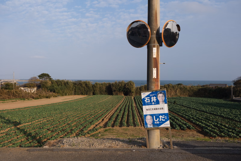 A roadside sign featuring a portrait and the text "石井" and "しだ" stands near cultivated fields overlooking the ocean.