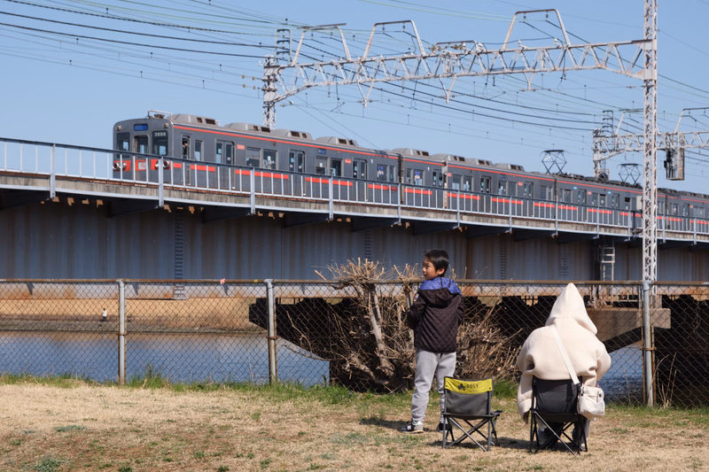 Two children stand in a grassy area near a large train crossing over a body of water under overhead power lines.