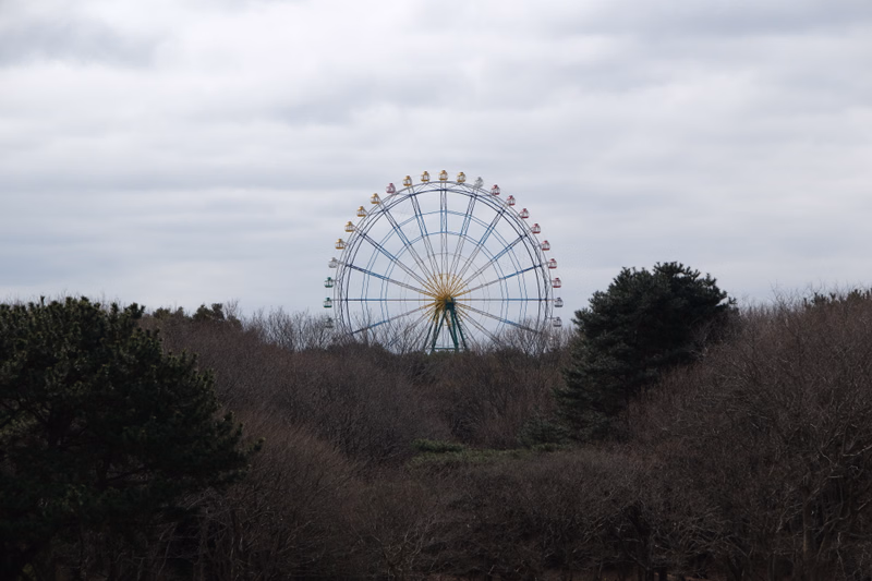 A large Ferris wheel is visible above a dense line of trees under an overcast sky.