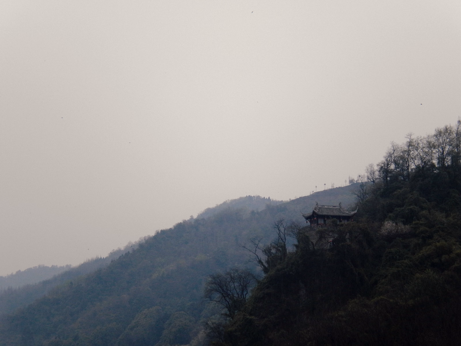 A traditional temple structure is nestled on a densely forested hillside under a hazy sky.