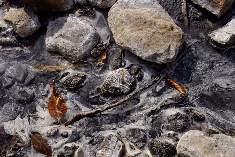 A serene stream in autumn, with a single brown leaf caught in the flowing water and surrounded by smooth stones.