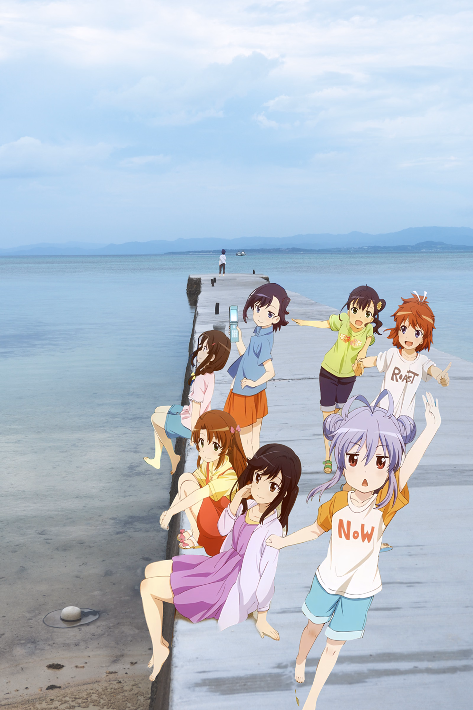 A group of anime girls stands along a pier overlooking the ocean under a cloudy sky.
