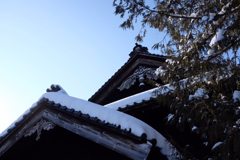 A snow-covered traditional roofline is visible against a clear blue sky, partially framed by a snow-dusted evergreen tree.
