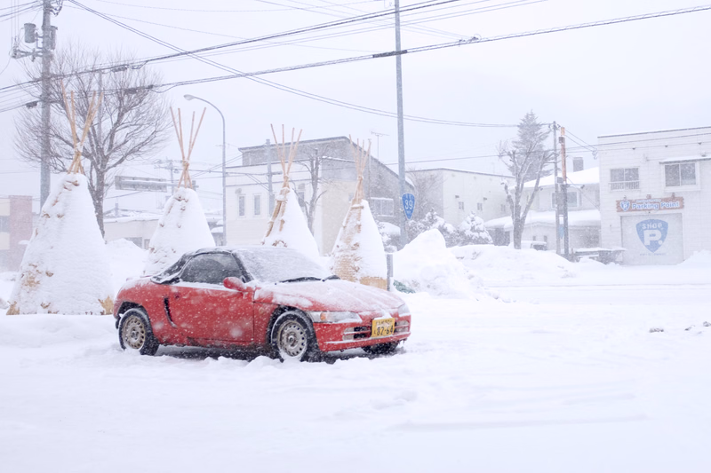A red convertible car is parked in deep snow on a street lined with snow-covered bushes and buildings during a winter storm.