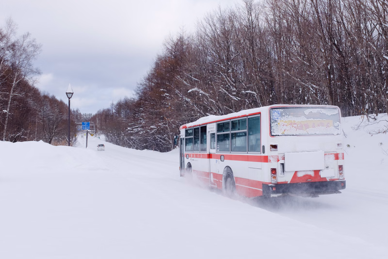 A white and red bus drives through deep snow on a rural road lined with bare trees under an overcast sky.