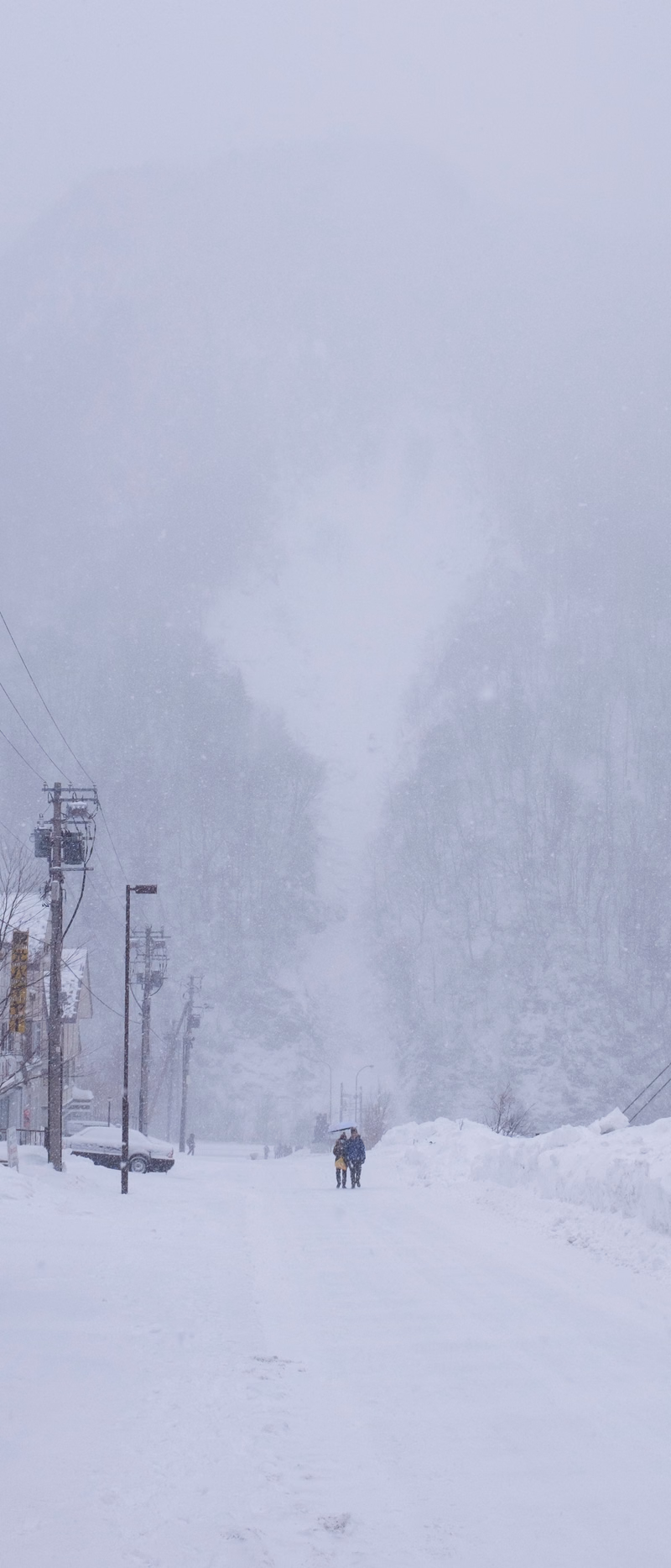 Two people walk down a snowy path surrounded by dense, snow-covered trees during a heavy snowfall.