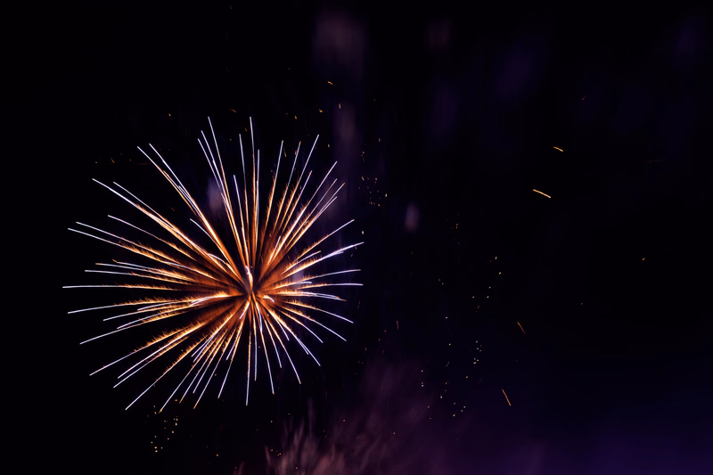 A bright burst of golden fireworks illuminates the dark night sky.